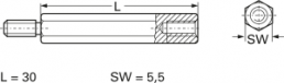 Hexagonal spacer bolt, External/Internal Thread, M3/M3, 30 mm, brass