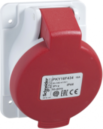 CEE surface-mounted socket, 4 pole, 32 A/380-415 V, red, IP44, PKY32F434