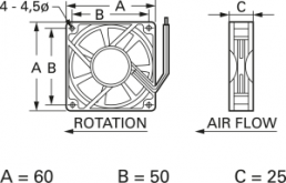 DC axial fan, 24 V, 60 x 60 x 25 mm, 26.4 m³/h, 26.7 dB, slide bearing, TRACO POWER, D06 T24 LWS