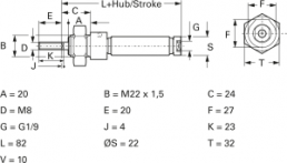Miniature cylinder, single-acting, 1.5 to 10 bar, Kd. 20 mm, Hub 25 mm, 27.15.025