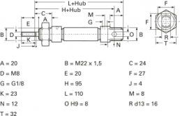 Miniature cylinder, single-acting, 1.5 to 10 bar, Kd. 20 mm, Hub 10 mm, 27.19.010