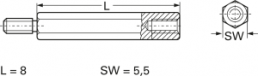 Hexagonal spacer bolt, External/Internal Thread, M3/M3, 8 mm, brass