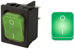 Rocker switch, green, 2 pole, On-Off, off switch, 20 (4) A/250 VAC, 10 (8) A/250 VAC, IP40, illuminated, printed