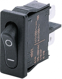 Rocker switch, black, 1 pole, On-Off, off switch, 6 (2) A/250 VAC, 4 (1) A/250 VAC, IP40, unlit, printed