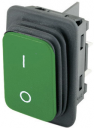 Rocker switch, green, 2 pole, On-Off, off switch, 20 (4) A/250 VAC, 10 (8) A/250 VAC, IP65, unlit, printed
