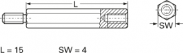 Hexagonal spacer bolt, External/Internal Thread, M2.5/M2.5, 15 mm, brass