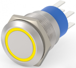 Pushbutton, 2 pole, silver, illuminated  (yellow), 5 A/250 V, mounting Ø 19.2 mm, IP67, 7-2213767-1