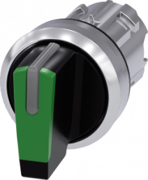 Toggle switch, illuminable, latching/groping, waistband round, green, front ring silver, 2 x 45°, mounting Ø 22.3 mm, 3SU1052-2BP40-0AA0