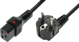 Device connection line, Europe, plug type E + F, angled on C19 jack, straight, H05VV-F3G1.5mm², black, 2 m